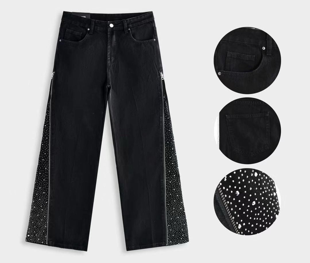 Jeans Nero con Zip apribile e Strass